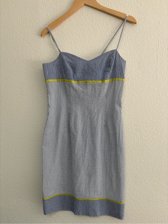 elizabeth wayman Dresses & Skirts - Blue Seersucker Spaghetti-Strap Mini Dress with Yellow Accent